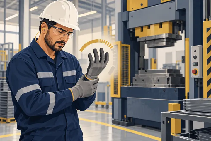 Ilustração de trabalhador próximo a uma prensa industrial