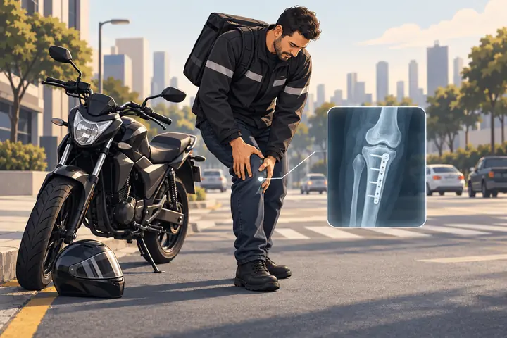 Ilustração de acidente de moto com sequela no joelho