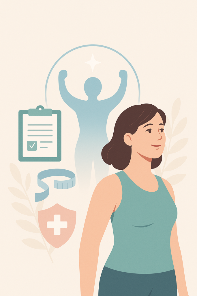 Mulher confiante após cirurgia reparadora, estilo digital moderno e tecnológico, simbolizando saúde, autoestima e superação