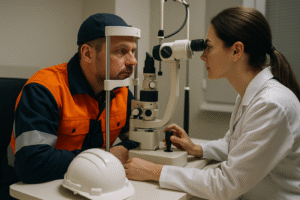 Eletricista realizando exame de vista no biomicroscópio (slit-lamp) com oftalmologista.